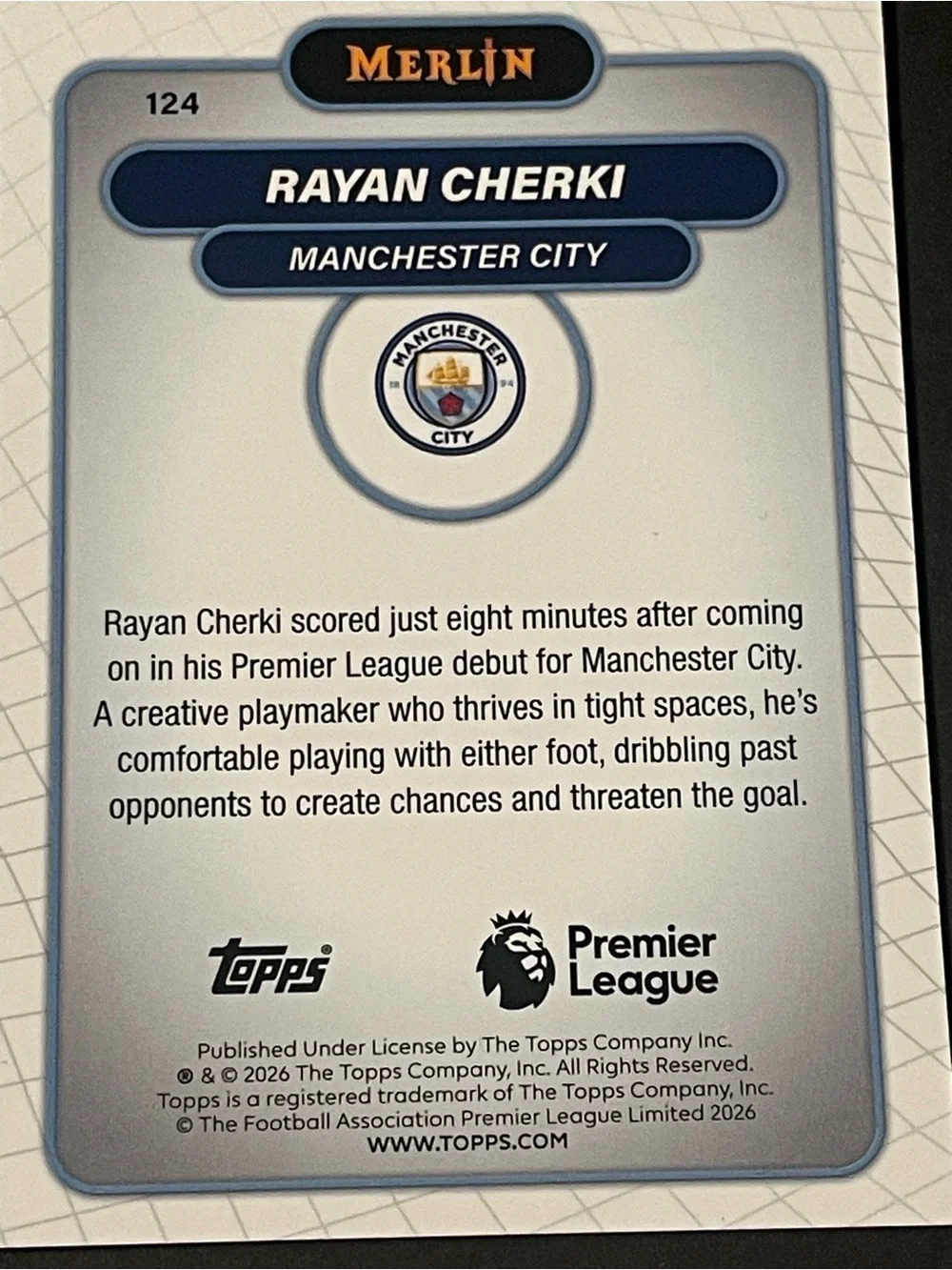 2026 Topps Merlin Premier League Rayan Cherki #124 Manchester City Base Card